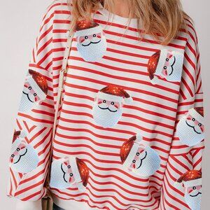 B311 Stripe Sequin Santa Claus Christmas Pullover Sweatshirt